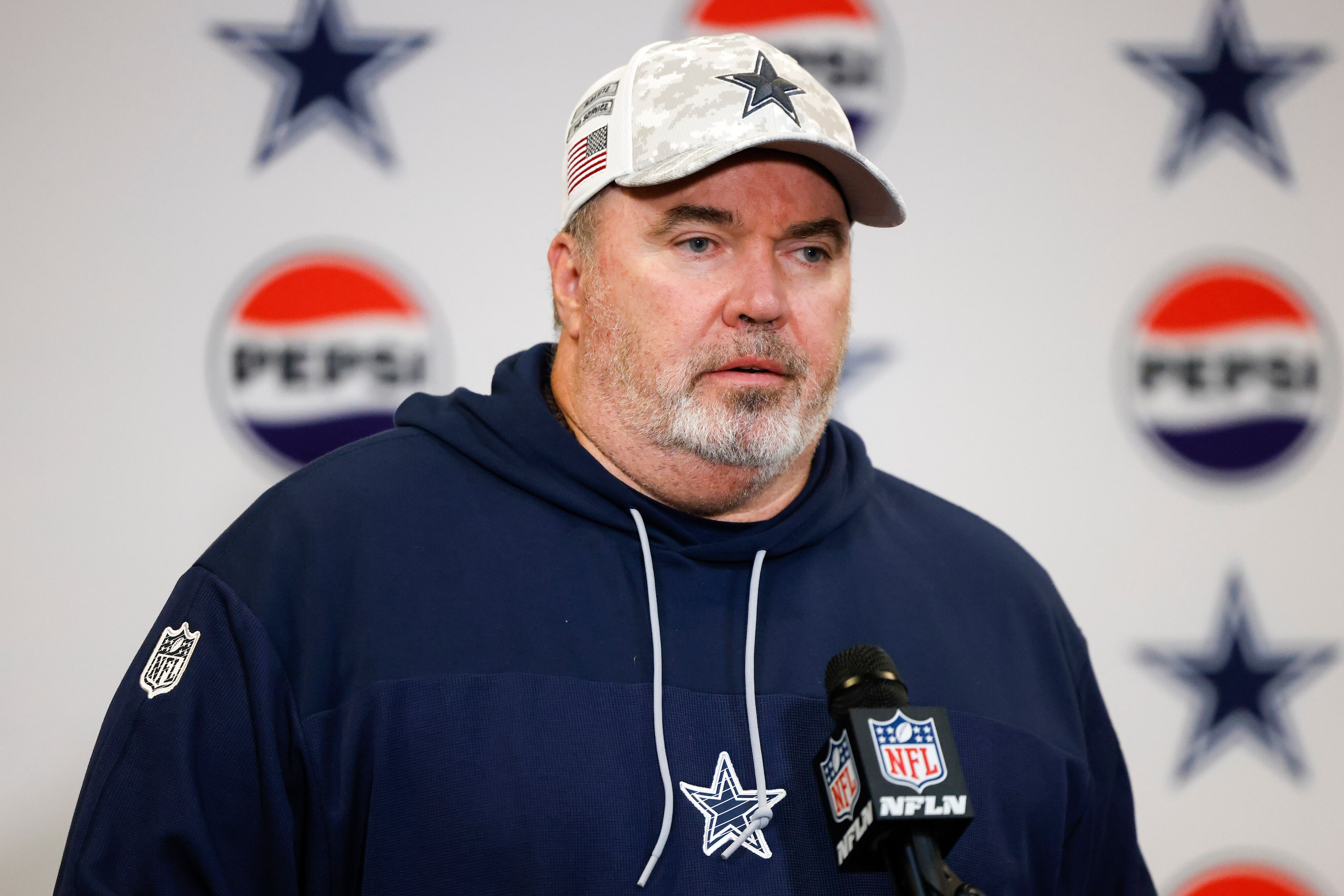 Dallas Cowboys head coach Mike McCarthy speaks during a news conference after a game against...