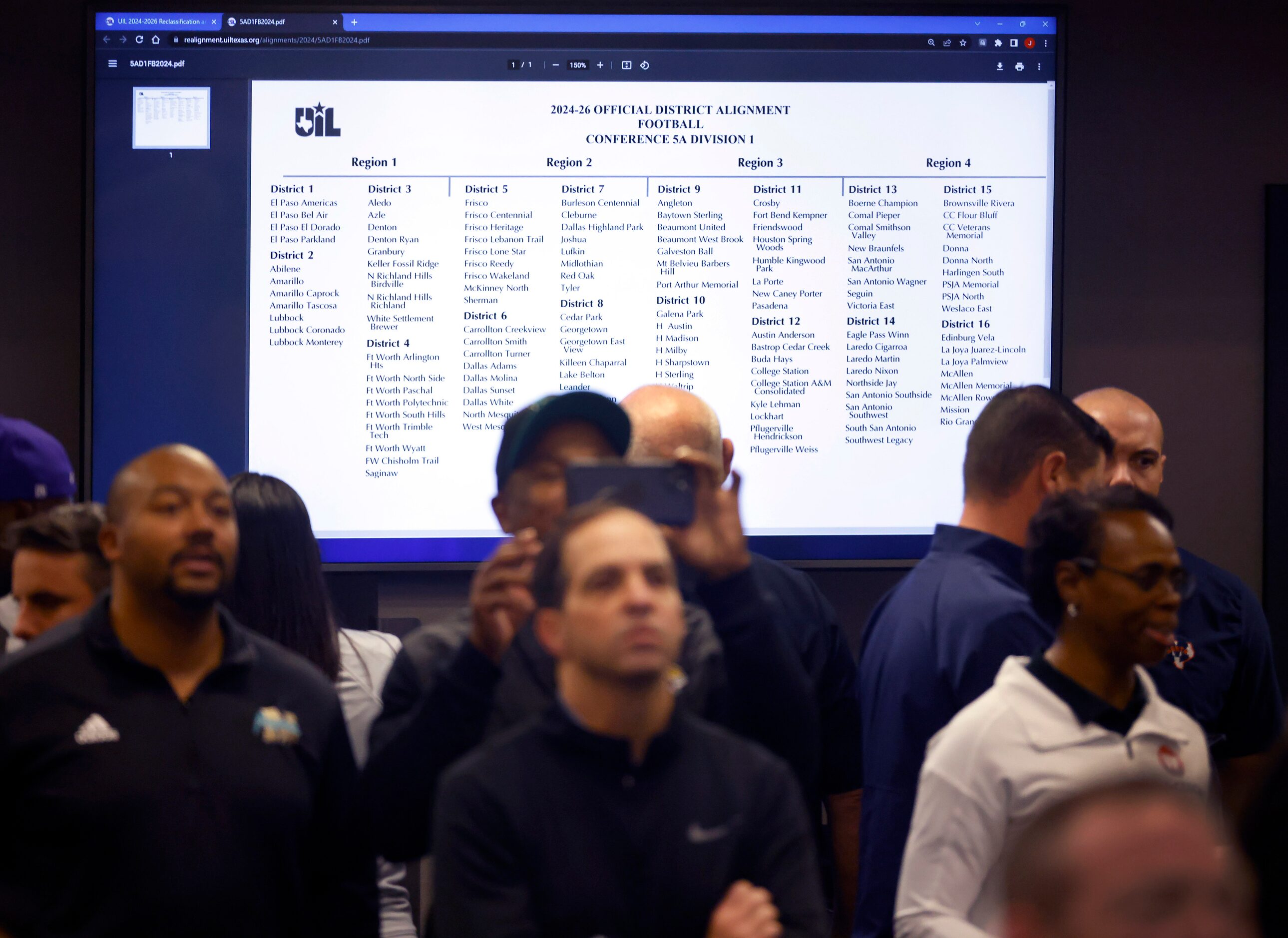 High school football coaches look to the video boards to see UIL’s new district alignments...