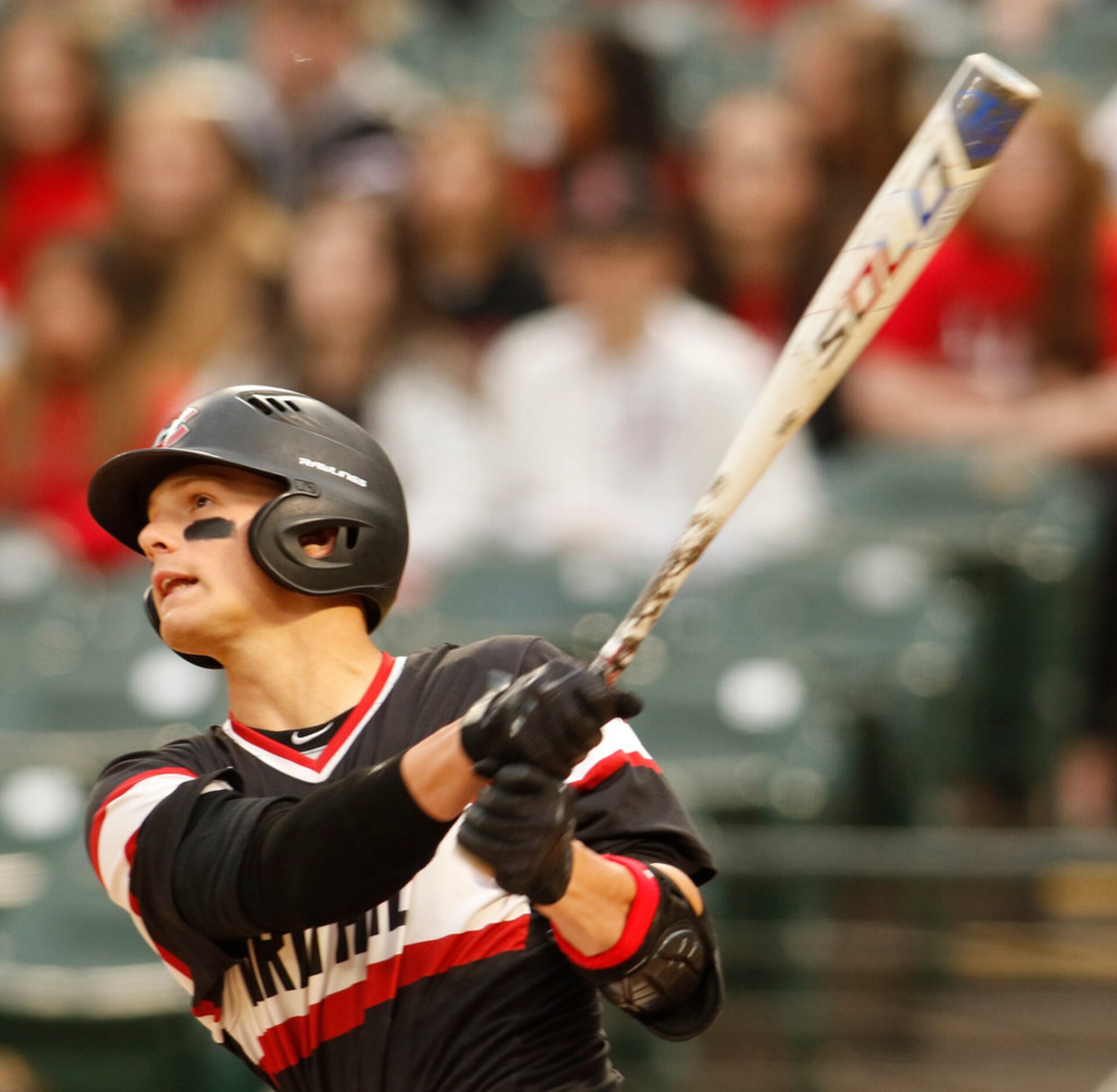 Colleyville Heritage shortstop Bobby Witt Jr. (17) watches as his towering shot to left...