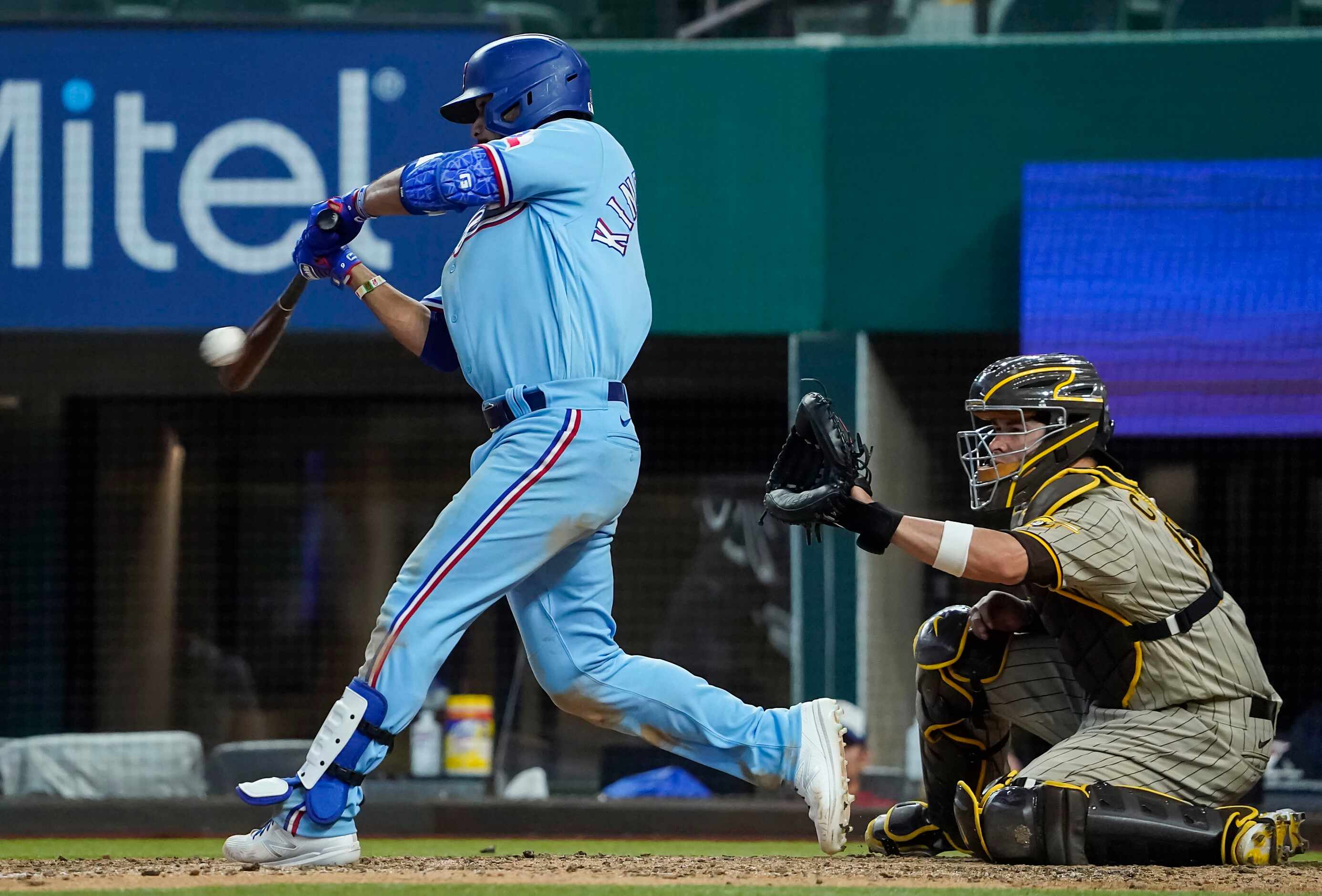 Texas Rangers shortstop Isiah Kiner-Falefa grounds out to end the game as San Diego Padres...