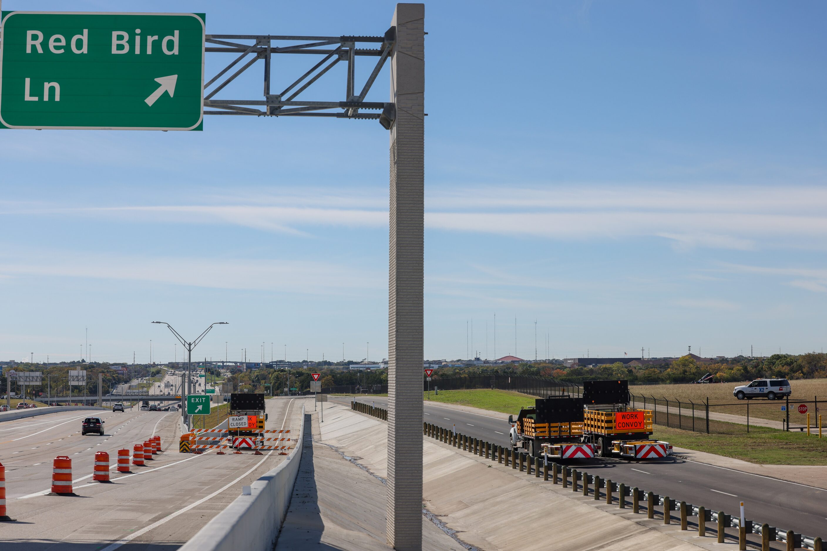 The exit to Red Bird Lane remains closed on Sunday, Nov. 13, 2022, after a Boeing B-17...