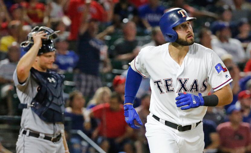 FILE - Rangers third baseman Joey Gallo (13) watches his fourth-inning homer during a game...