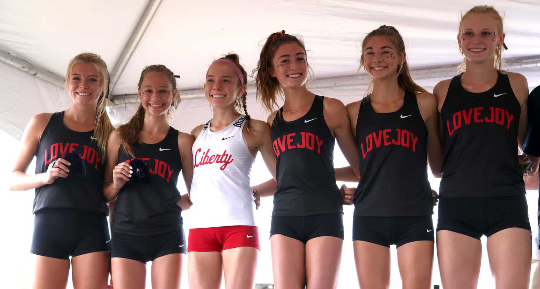 The top six finishers in the Girls Class 5A Region 2 race are pictured from left to right:...