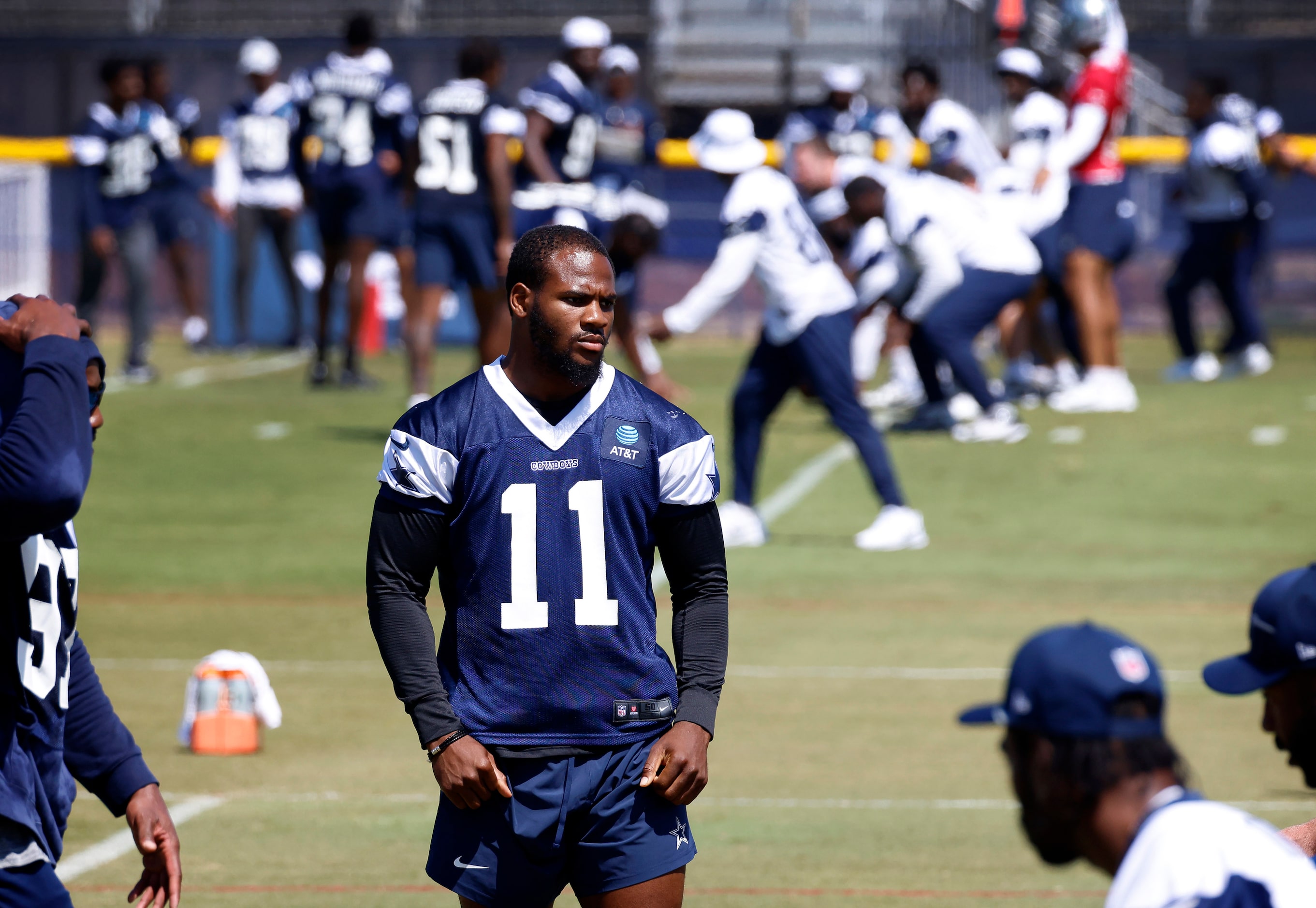 Dallas Cowboys linebacker Micah Parsons (11) waits for a play to run during a mock game in...