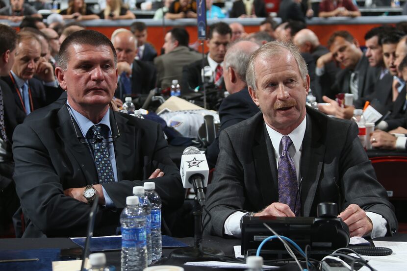 PHILADELPHIA, PA - JUNE 28: Stars scout Joe McDonnell sits alongside GM Jim Nill on Day 2 of...