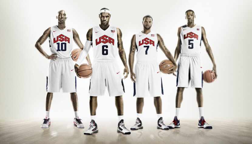 In this handout photo from Nike, USA Basketball team members Kobe Bryant, LeBron James,...