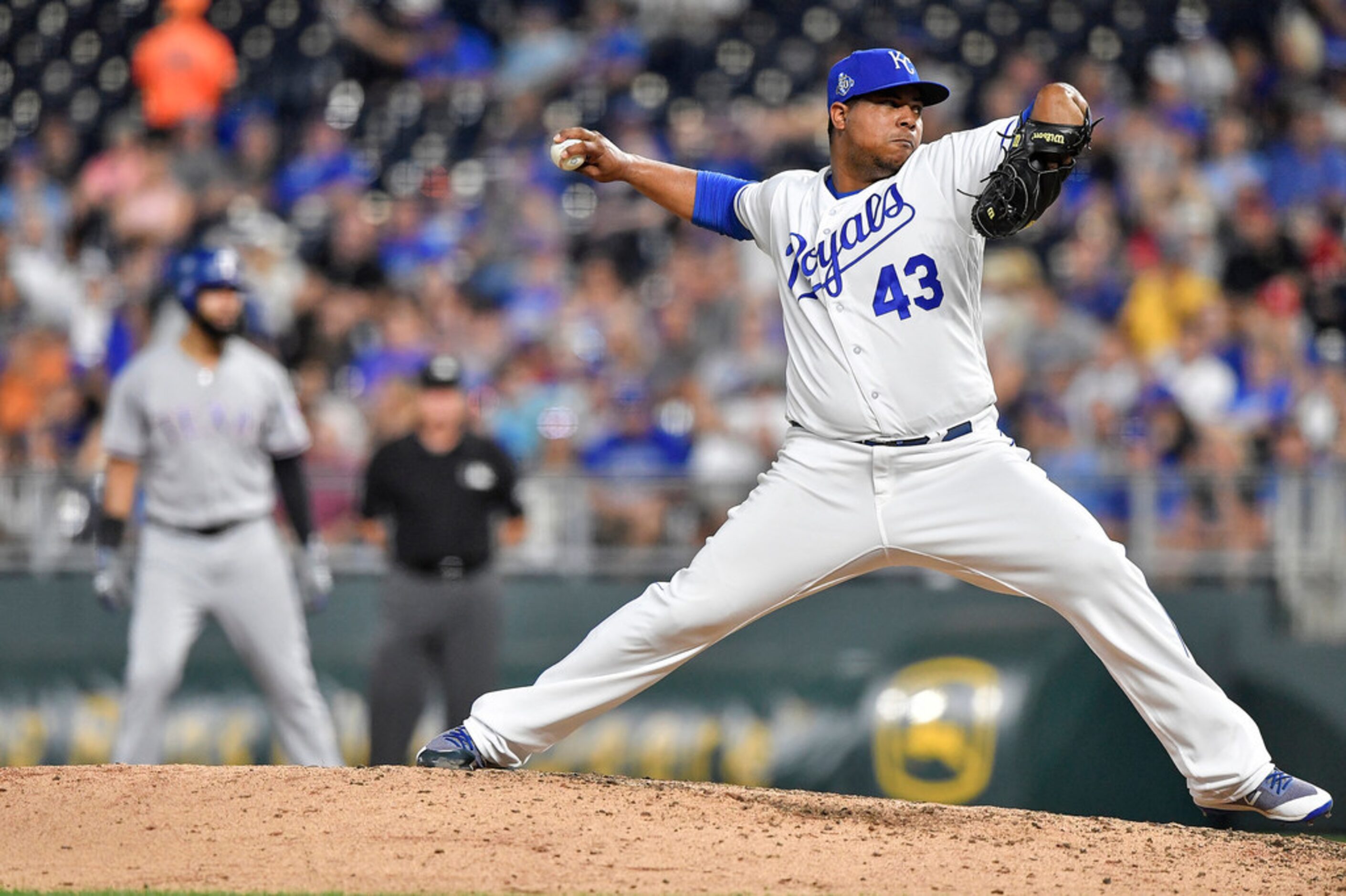 Kansas City Royals relief pitcher Wily Peralta throws in the seventh inning during Monday's...