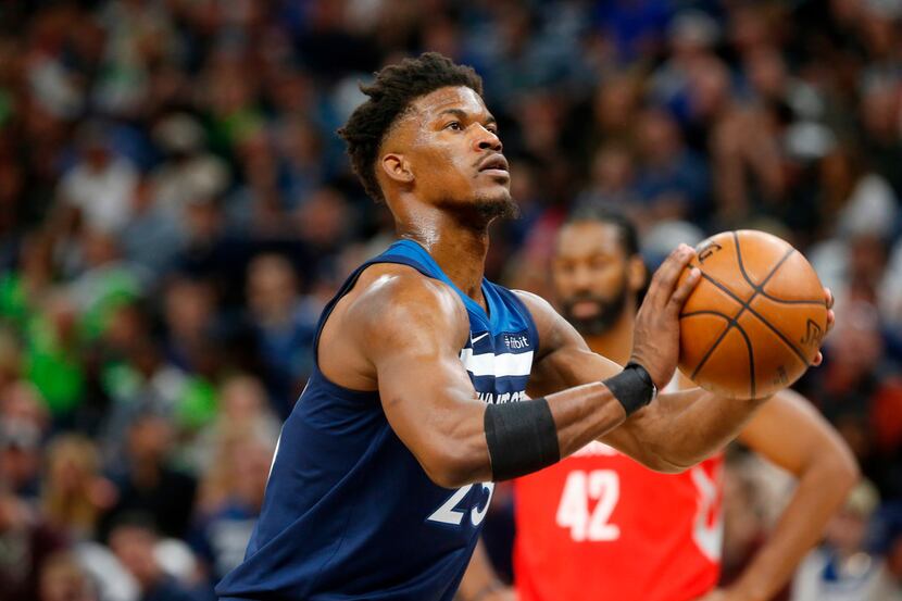 FILE - In this April 21, 2018, file photo, Minnesota Timberwolves' Jimmy Butler plays...