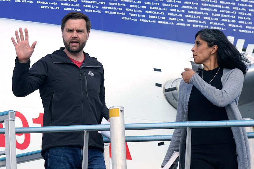 U.S. Sen. JD Vance, R-Ohio, the Republican vice presidential nominee, and his wife, Usha,...