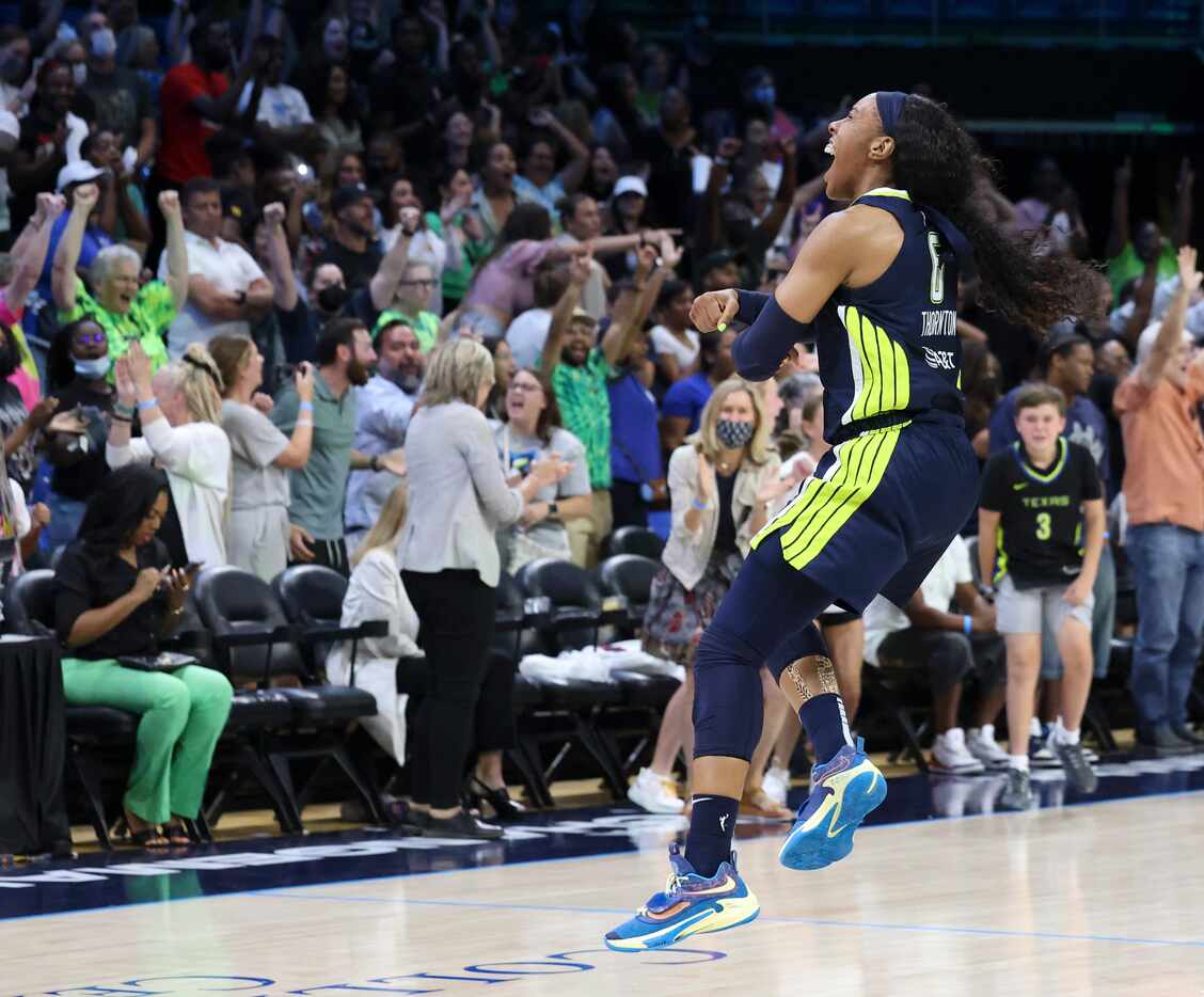 Dallas Wings forward Kayla Thornton (6) reacts as Dallas Wings win against Las Vegas Aces,...