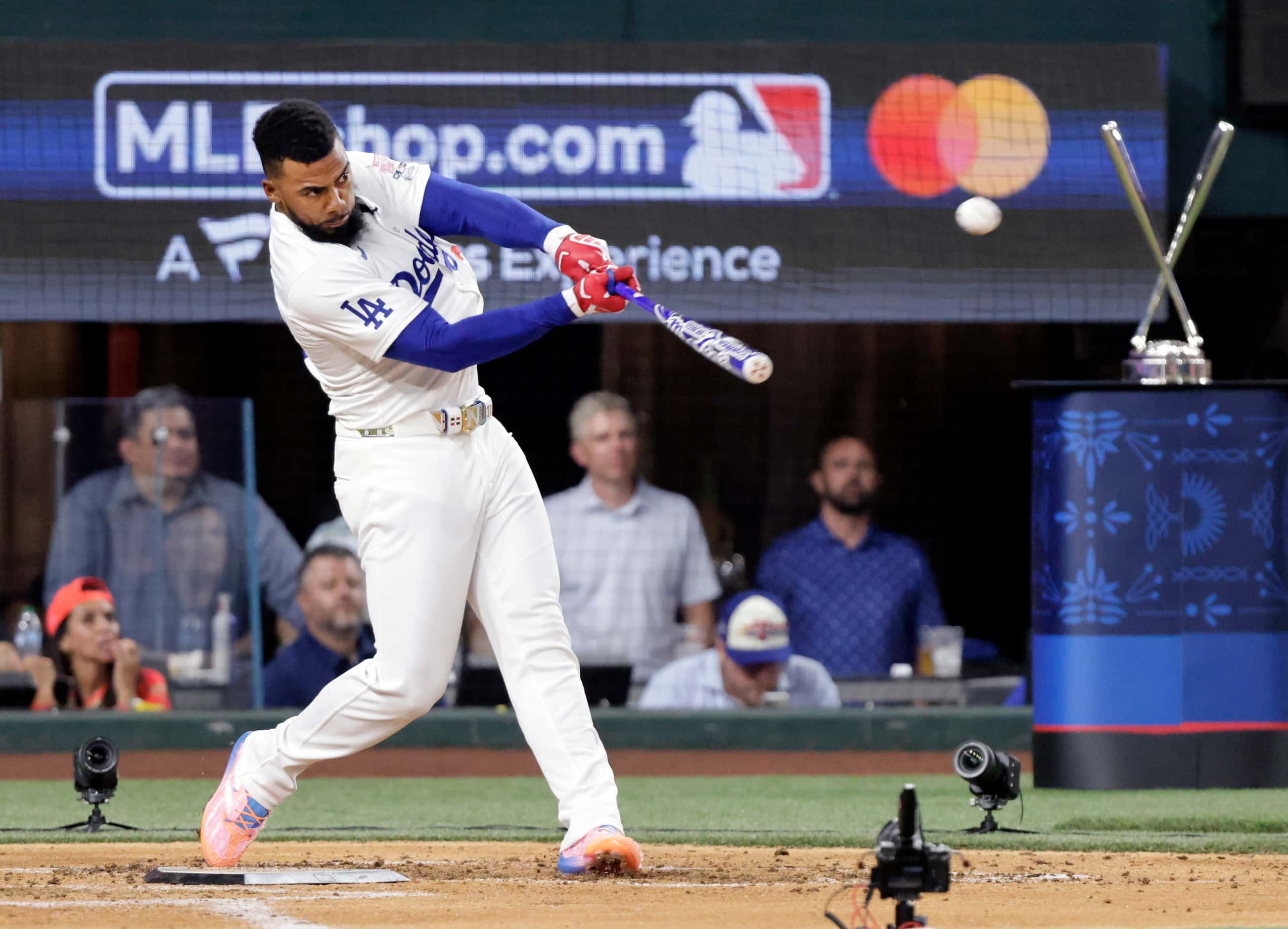 Teoscar Hernández of the Los Angeles Dodgers connects on hit in the finals of the MLB...