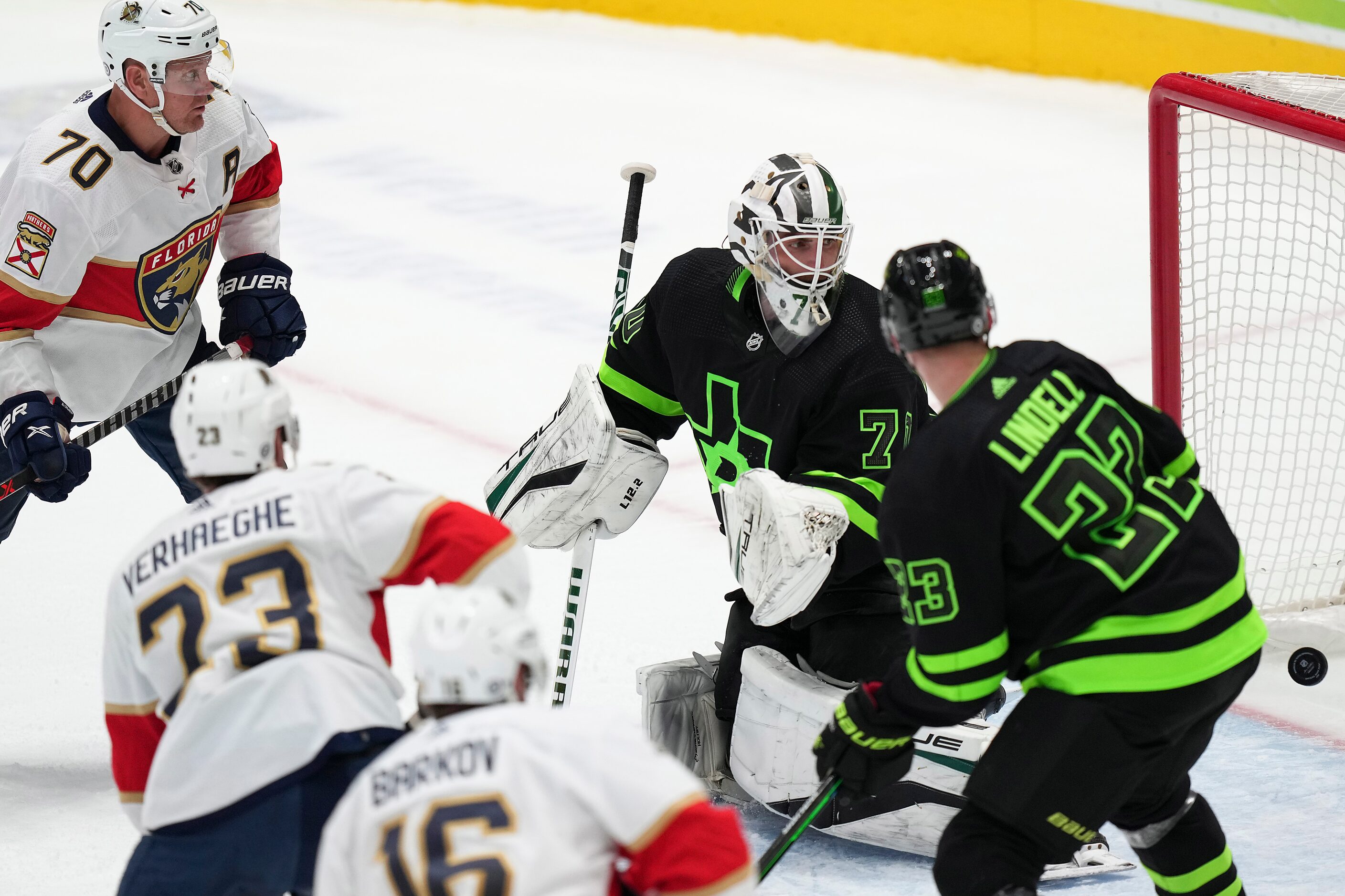 A shot by Florida Panthers left wing Jonathan Huberdeau gets past Dallas Stars goaltender...