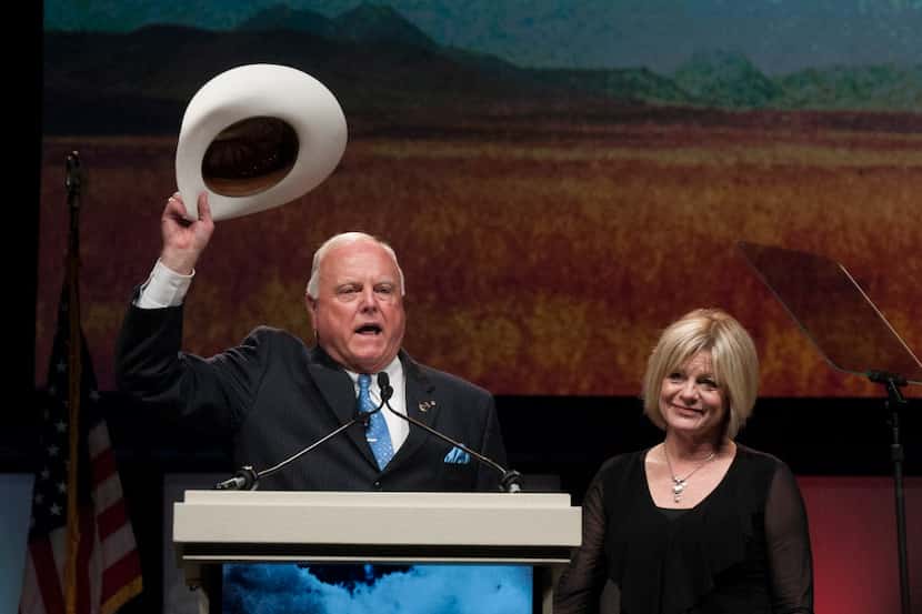  Sid Miller joined his wife, Debra, at the end of his speech to delegates at Texas GOP...