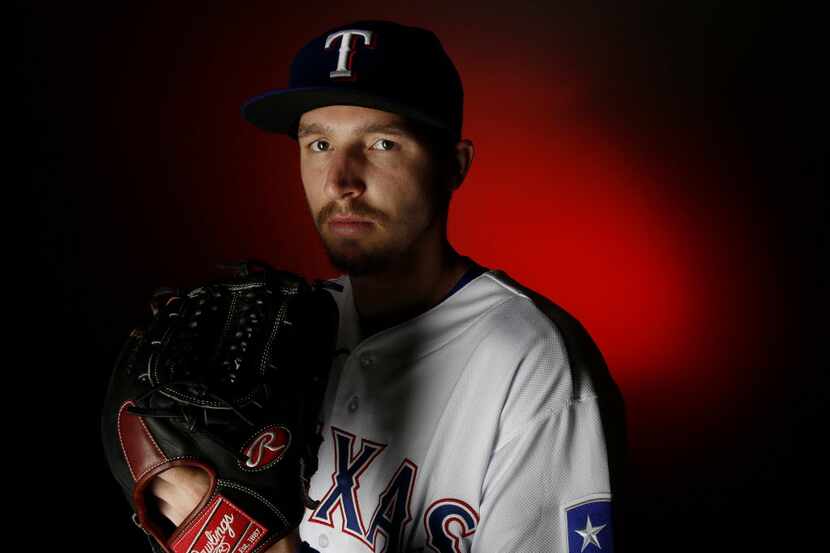 Texas Rangers pitcher Tanner Scheppers stands for a portrait during the Rangers media day in...