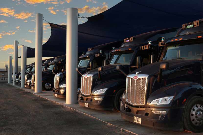 Aurora's fleet of autonomous trucks at its South Dallas Terminal.