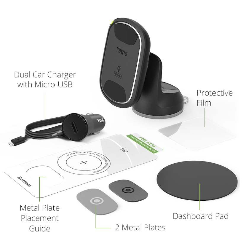 The contents of the iOttie iTap 2 Wireless Dashboard Mount.