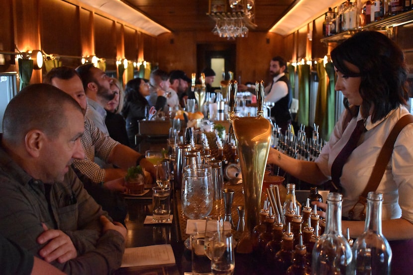 The cocktail bar Platform 18 is set in a 36-seat, Pullman-inspired rail car, where the...