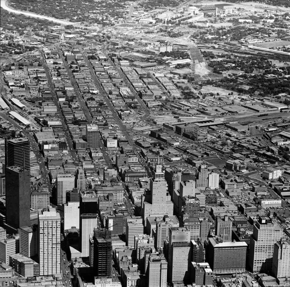 A 1963 aerial photo by Tom Dillard shows downtown Dallas before the construction of I-345....