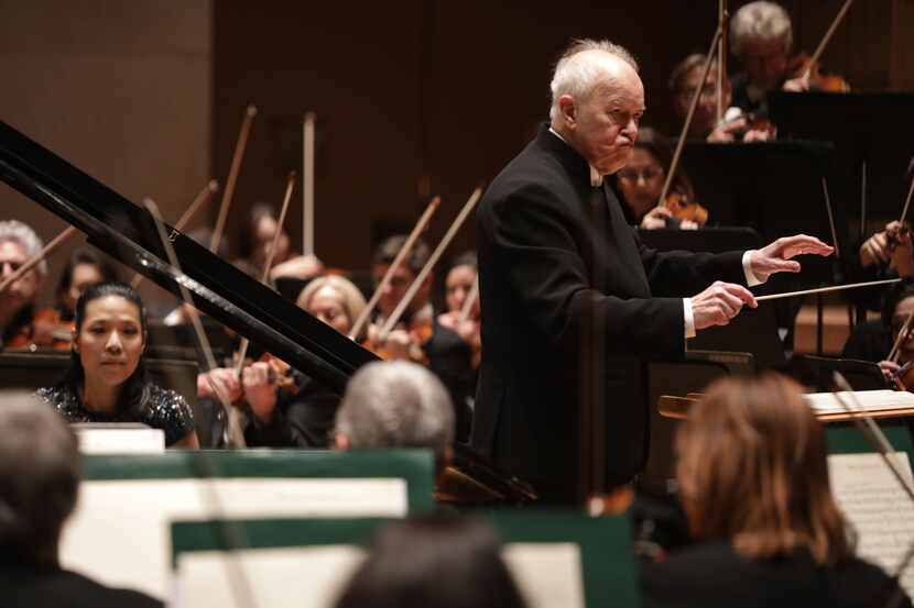Piano soloist Joyce Yang, left, and guest conductor Edo de Waart perform with Dallas...