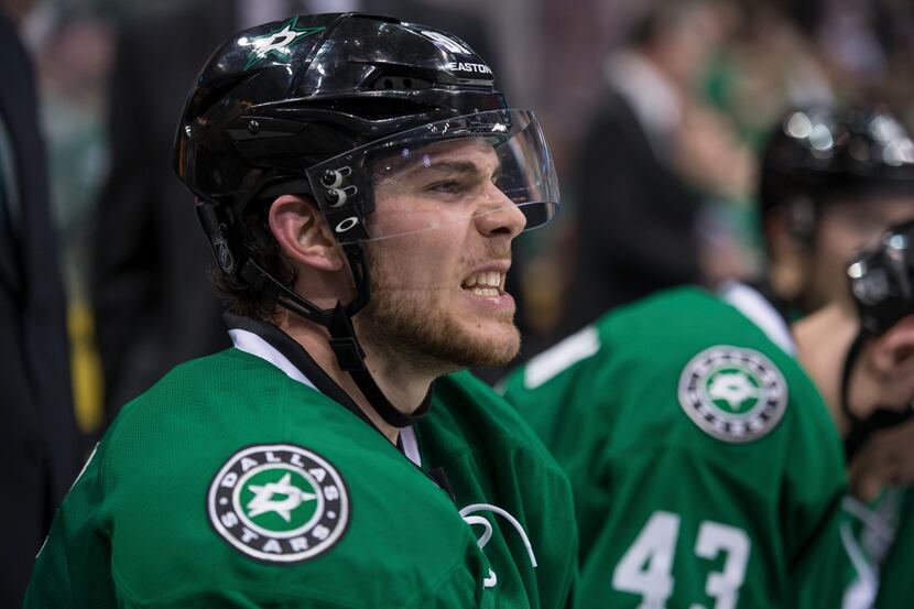 Dallas Stars center Tyler Seguin (91) watches his team take on the St. Louis Blues during...