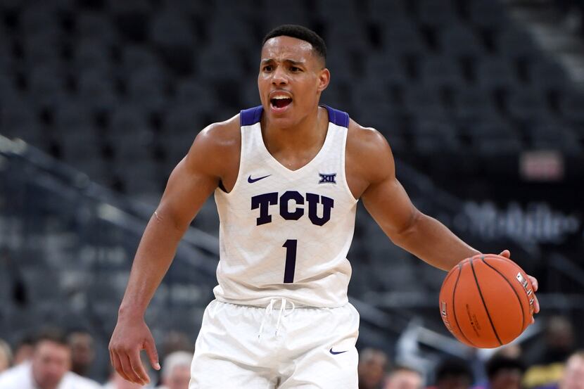 LAS VEGAS, NEVADA - NOVEMBER 24:  Desmond Bane #1 of the TCU Horned Frogs brings the ball up...