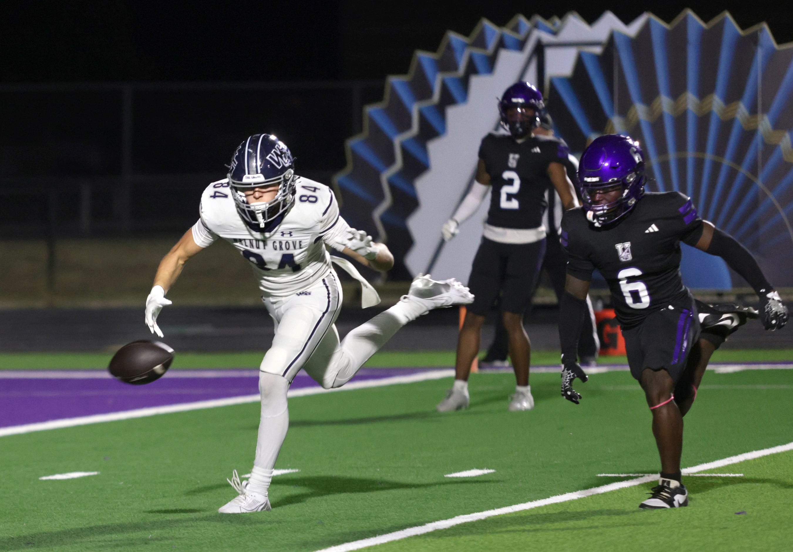 Walnut Grove player #84 Hayden Cooley comes up just short of a pass during the Prosper...