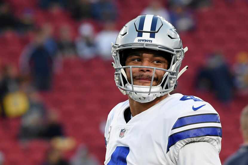 LOS ANGELES, CA - JANUARY 12:  Dak Prescott #4 of the Dallas Cowboys warms up before the NFC...