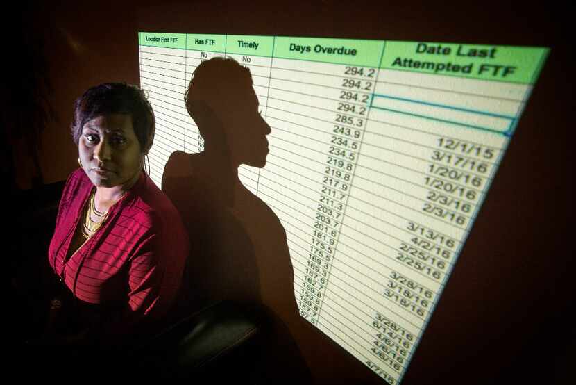 Former Child Protective Services caseworker Stephanie Taylor, with a projected image of data...
