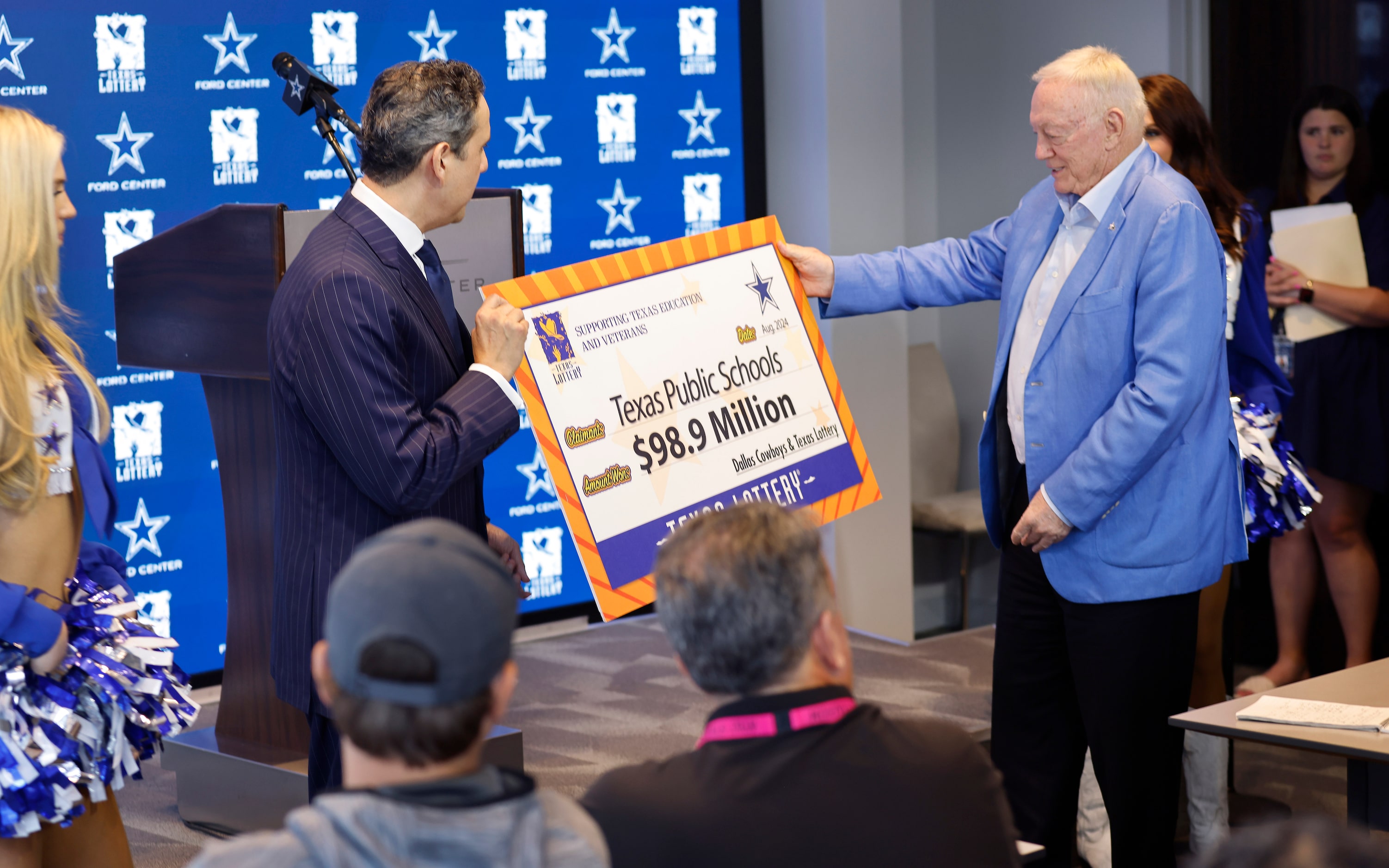 Texas Lottery Chairman Robert G. Rivera (left) and Dallas Cowboys owner Jerry Jones present...