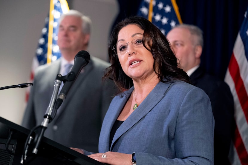 Rep. Lori Chavez-DeRemer, R-Ore., accompanied by Majority Whip Rep. Tom Emmer, R-Minn.,...