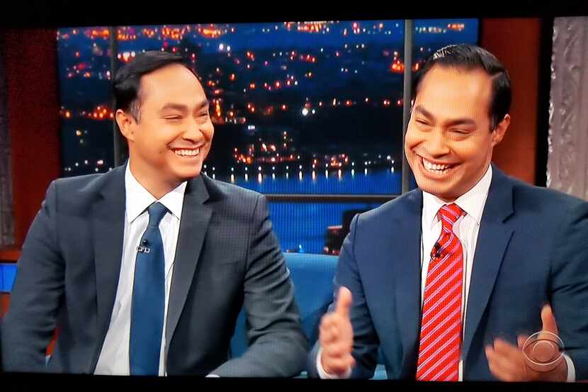 Rep. Joaquin Castro (left) shared a laugh with brother Julián Castro on "The Late Show with...