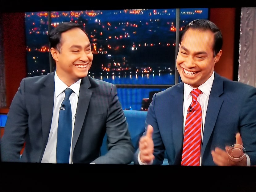 Rep. Joaquin Castro (left) shared a laugh with brother Julián Castro on "The Late Show with...