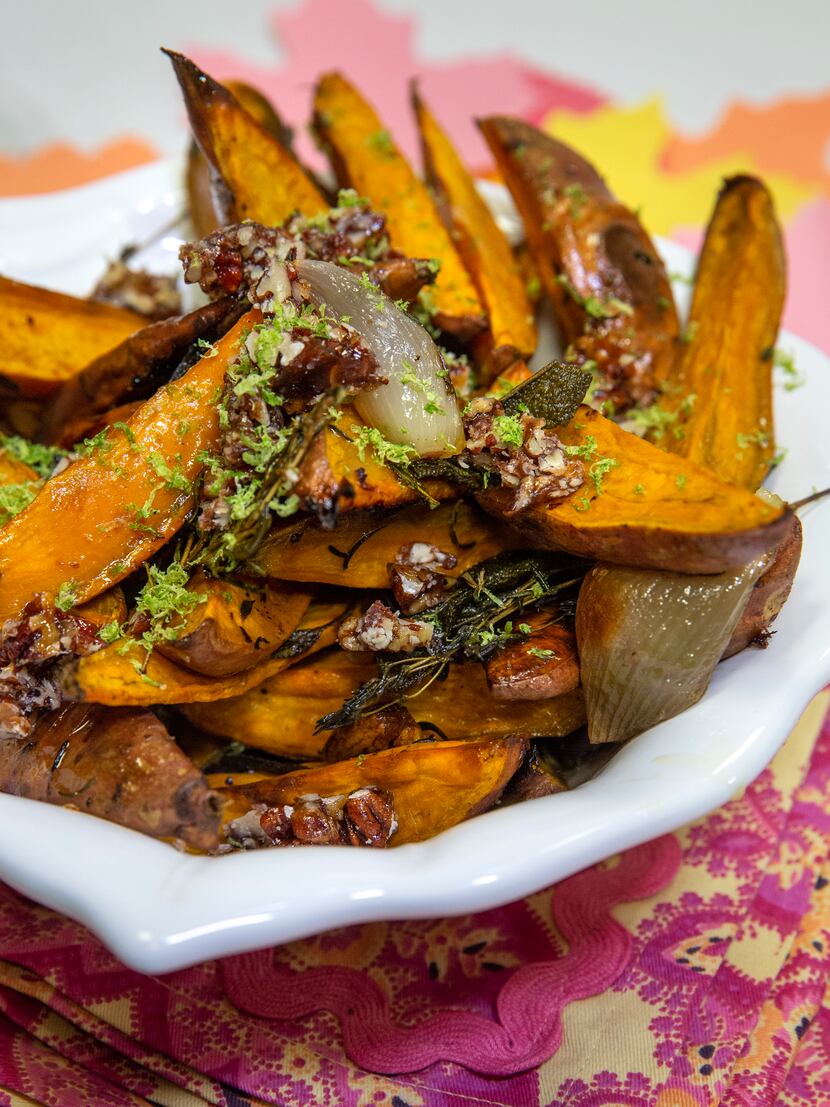 Roasted Sweet Potatoes and Shallots is topped with lime zest and Spicy Pecans.