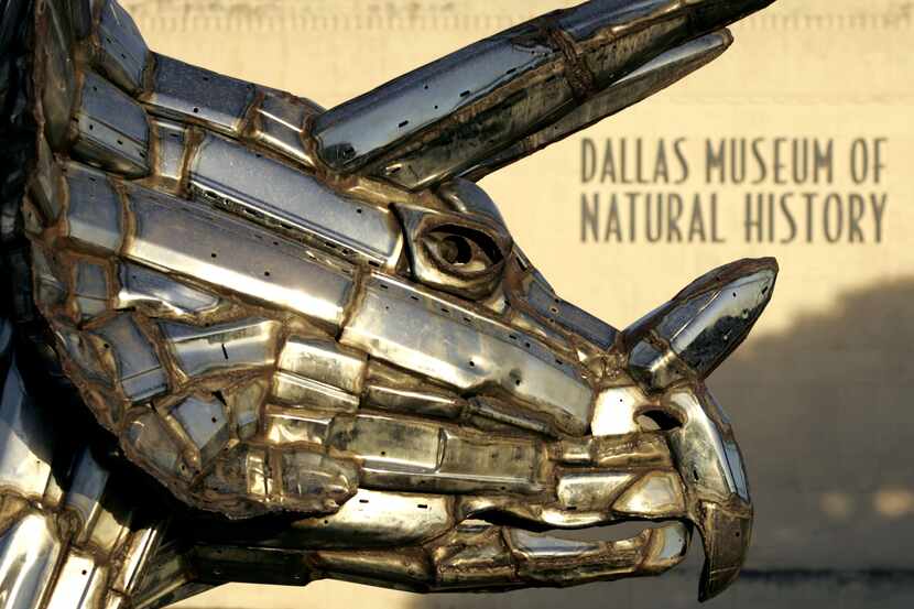 One of three chrome dinosaurs on display outside the Dallas Museum of Natural History at...