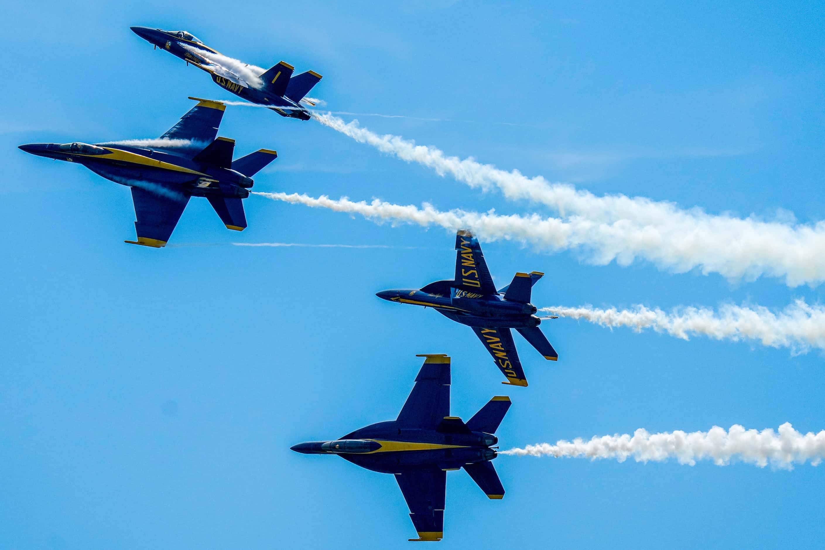 The Blue Angels perform at the Wings Over Cowtown Airshow on Sunday, April 14, 2024, in Fort...