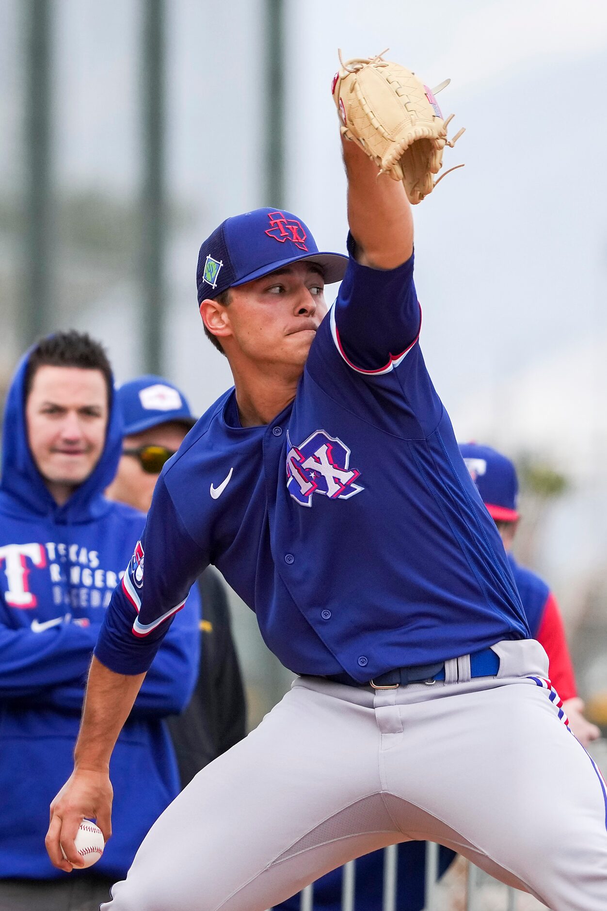 Texas Rangers pitcher Jack Leiter throw in a bullpen session a during a minor league spring...