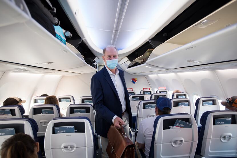 Southwest Airlines CEO Gary Kelly boarding a plane at Houston Hobby Airport in June to visit...