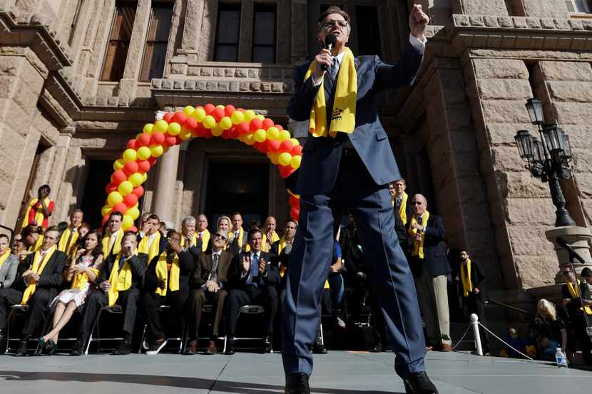 Lt. Gov. Dan Patrick speaks during a rally in support of school choice on the steps of the...