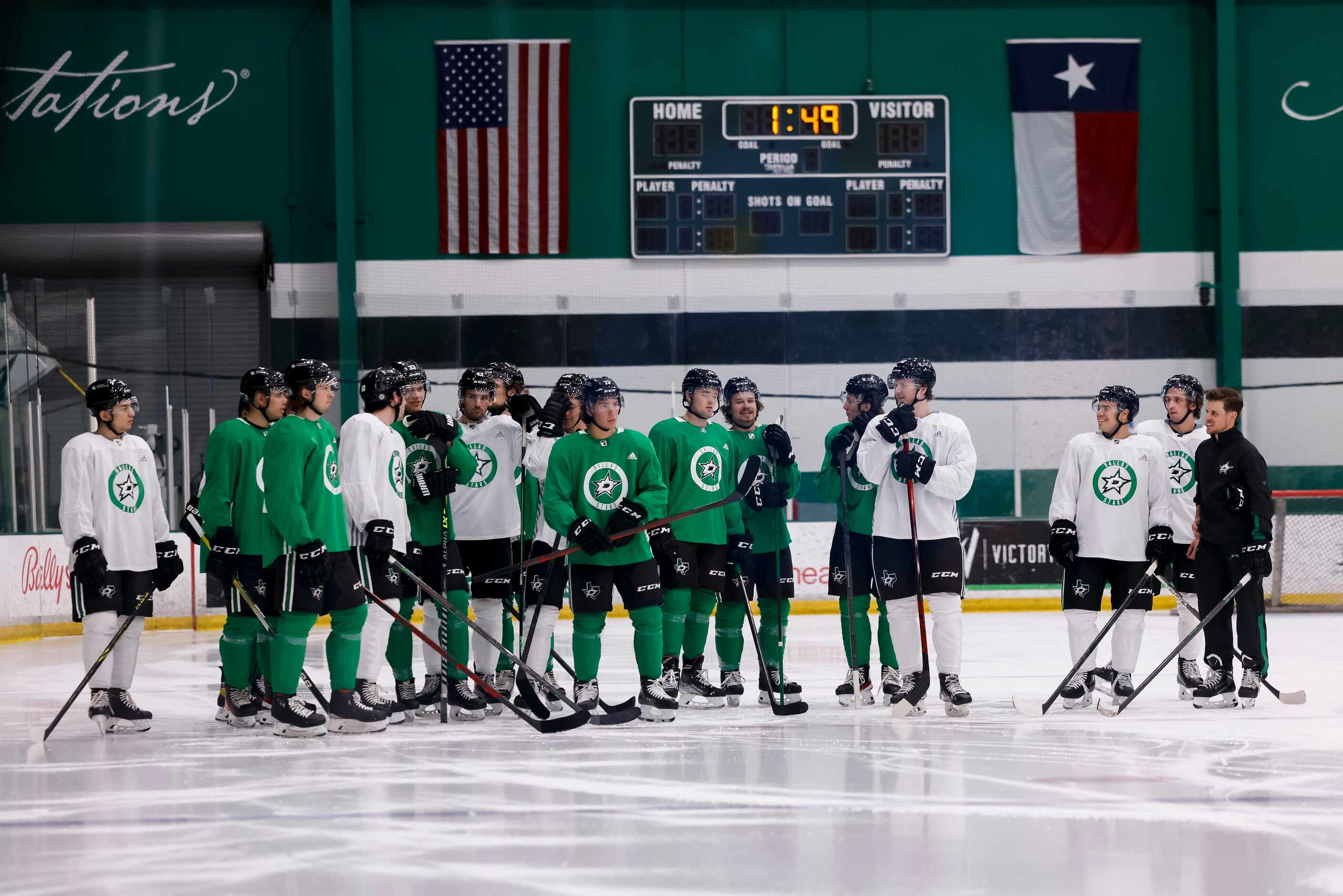 Prospects wait to start a drill during the Stars’ annual development camp Group A and B...