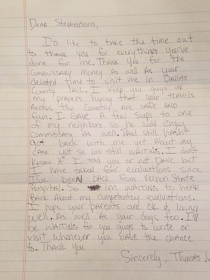 Thomas Johnson wrote a letter to Lisa and Dave Stephenson while in jail awaiting trial.