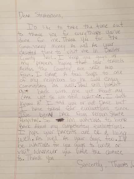 Thomas Johnson wrote a letter to Lisa and Dave Stephenson while in jail awaiting trial.