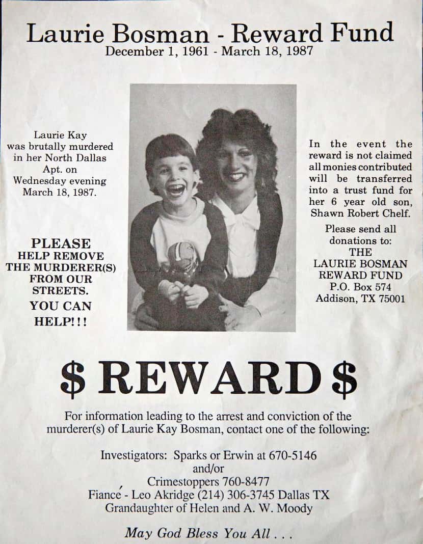 
A reward poster shows Chelf with his mother, Laurie Kay Bosman, who was found strangled in...