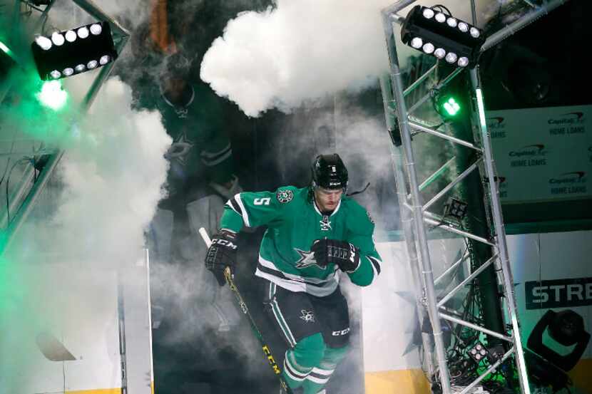 Dallas Stars defenseman Jamie Oleksiak (5) comes out of the tunnel before the Stars play...