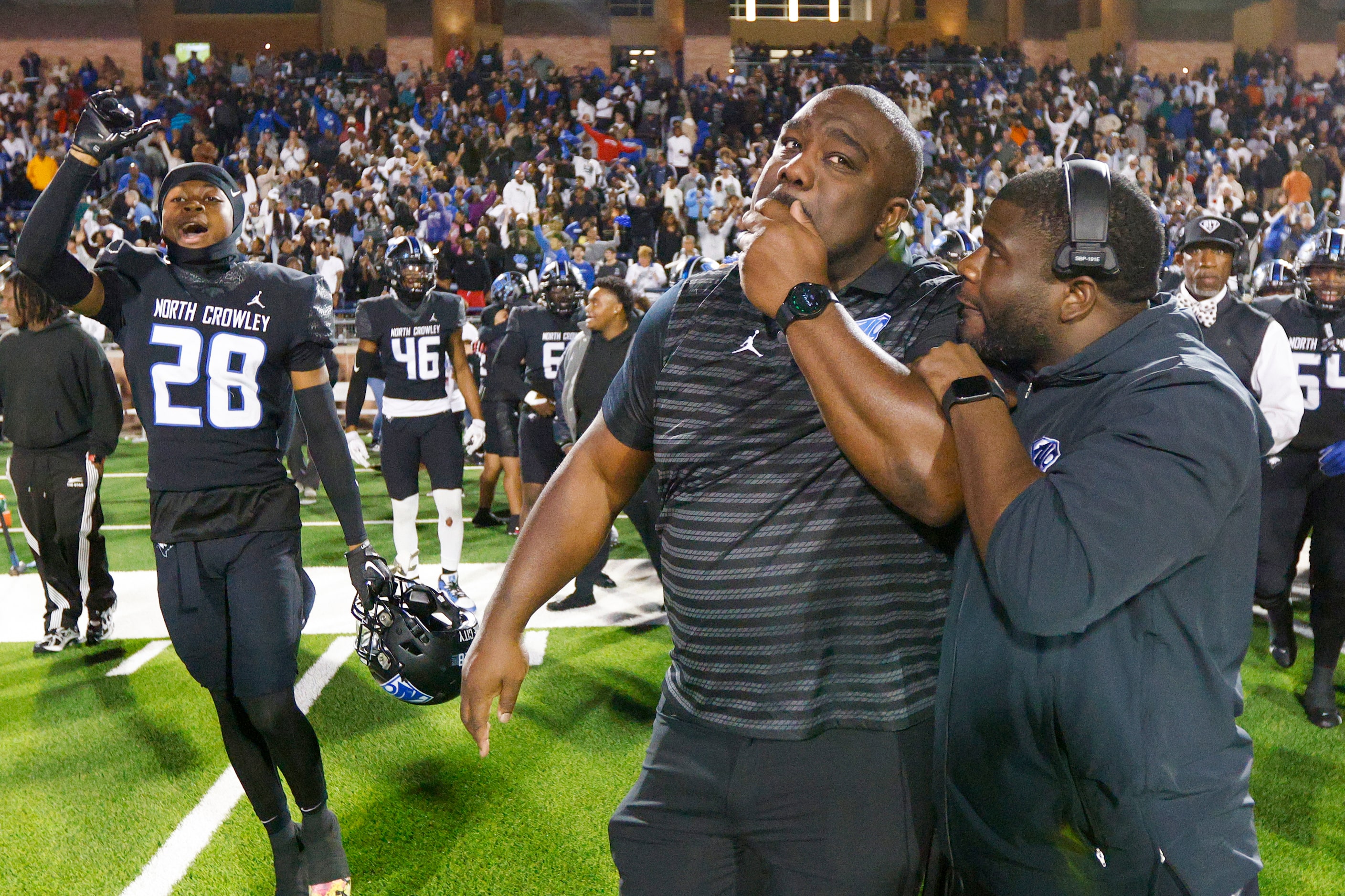 North Crowley head coach Ray Gates is overcome with emotion after winning a Class 6A...