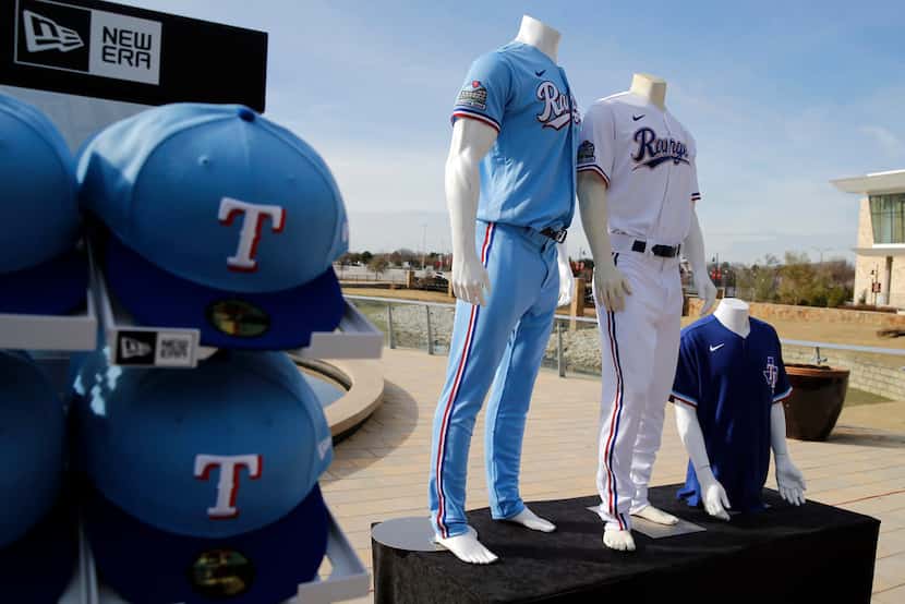 Texas Rangers new uniforms on display during the unveiling of the 2020 uniforms at Live!...
