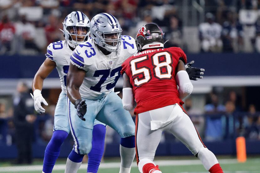 Dallas Cowboys offensive tackle Tyler Smith (73) had the task of blocking Tampa Bay...