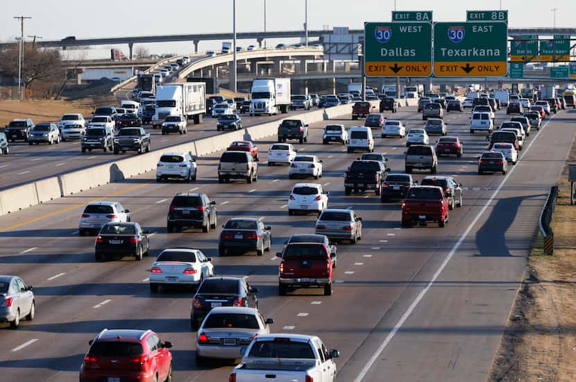 LBJ Freeway traffic heading eastbound towards I-30 near the Galloway Avenue intersection in...