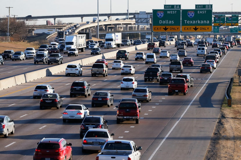 LBJ Freeway traffic heading eastbound towards I-30 near the Galloway Avenue intersection in...