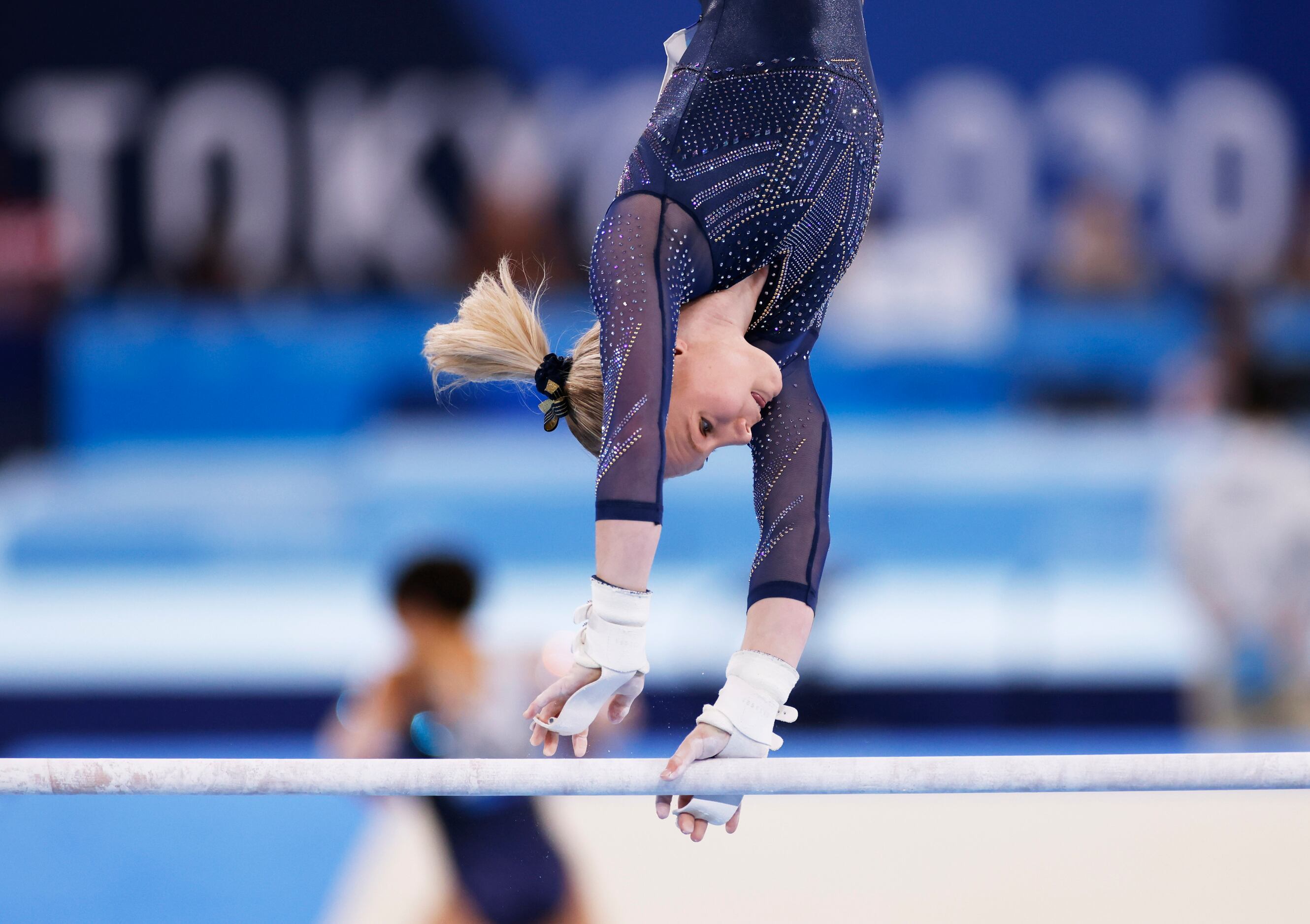 USA’s Jade Carey competes on the uneven bars during the women’s all-around final at the...