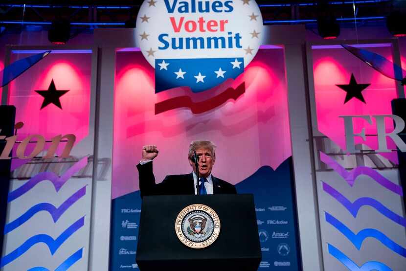 President Donald Trump takes the stage Friday at the Family Research Council's 2017 Value...